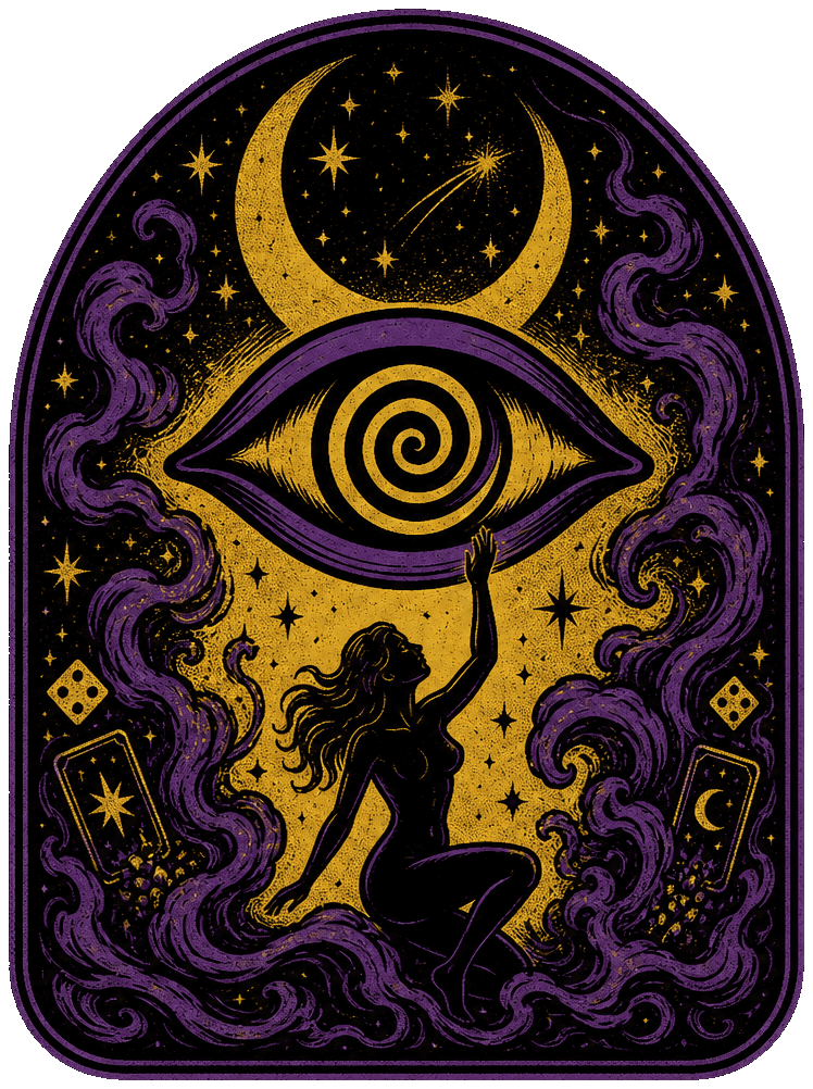 Game Grimoire emblem: an all-seeing eye beneath a crescent moon